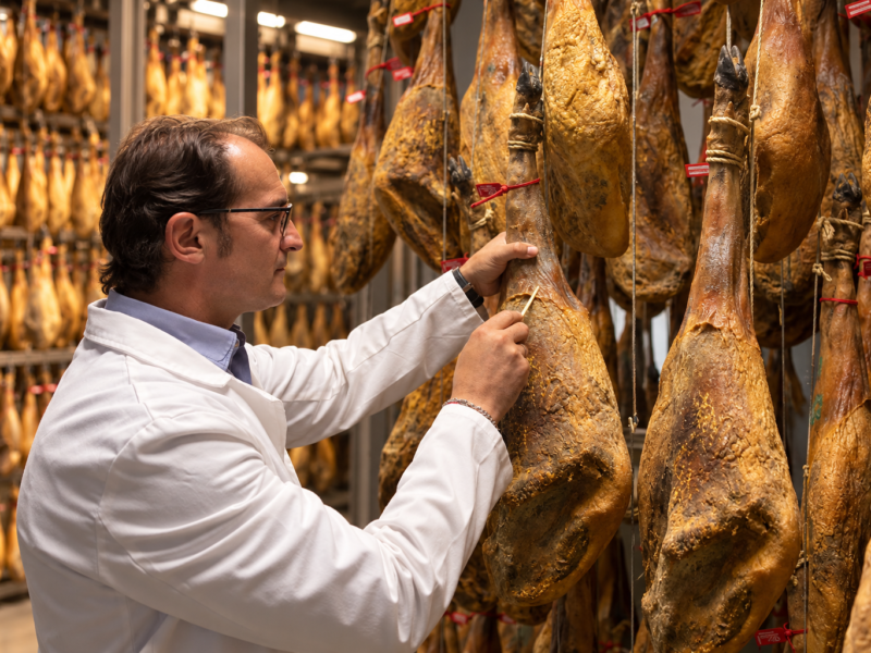 Maestro jamonero inspeccionando jamones